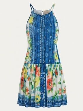 Two In Floral Geometric Mixed Print Pleated Dress - Size 16 - Boho Summer Halter